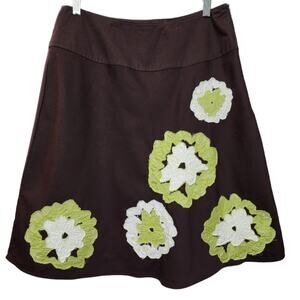 Robbie Bee Boho A-line Flower Applique Skirt, Brown Yellow Green, Size 8